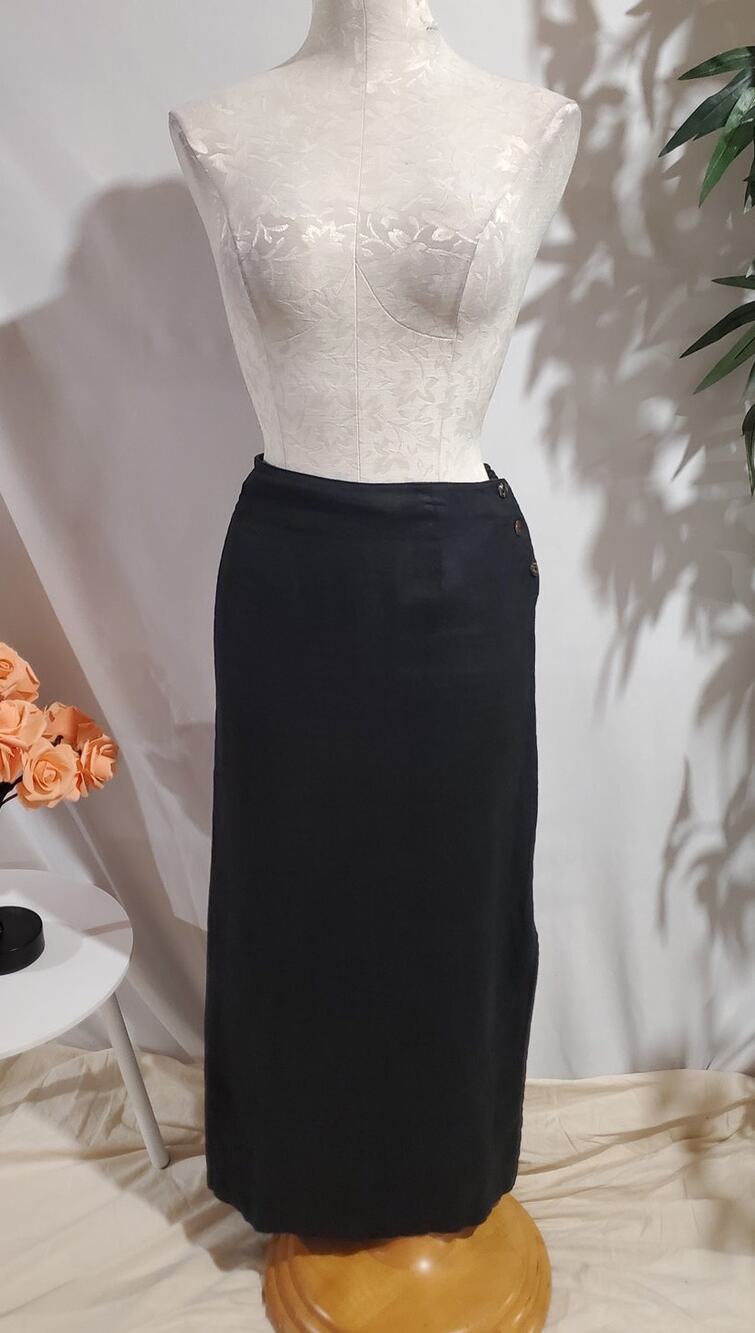 Vtg Chicos Linen Side Button Slit Maxi Skirt Size 2 US L 12 Black Lagenlook Boho